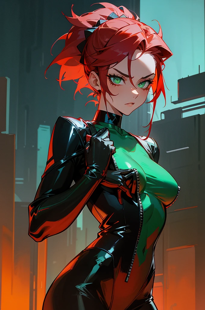 1female, fiery red hair, styled in a messy updo, emerald green eyes, fierce expression, black leather bodysuit with red accents, silver choker with a large gemstone, tactical gloves, dark sunglasses, dystopian cityscape background with neon signs, detailed face, hands to side, standing on path