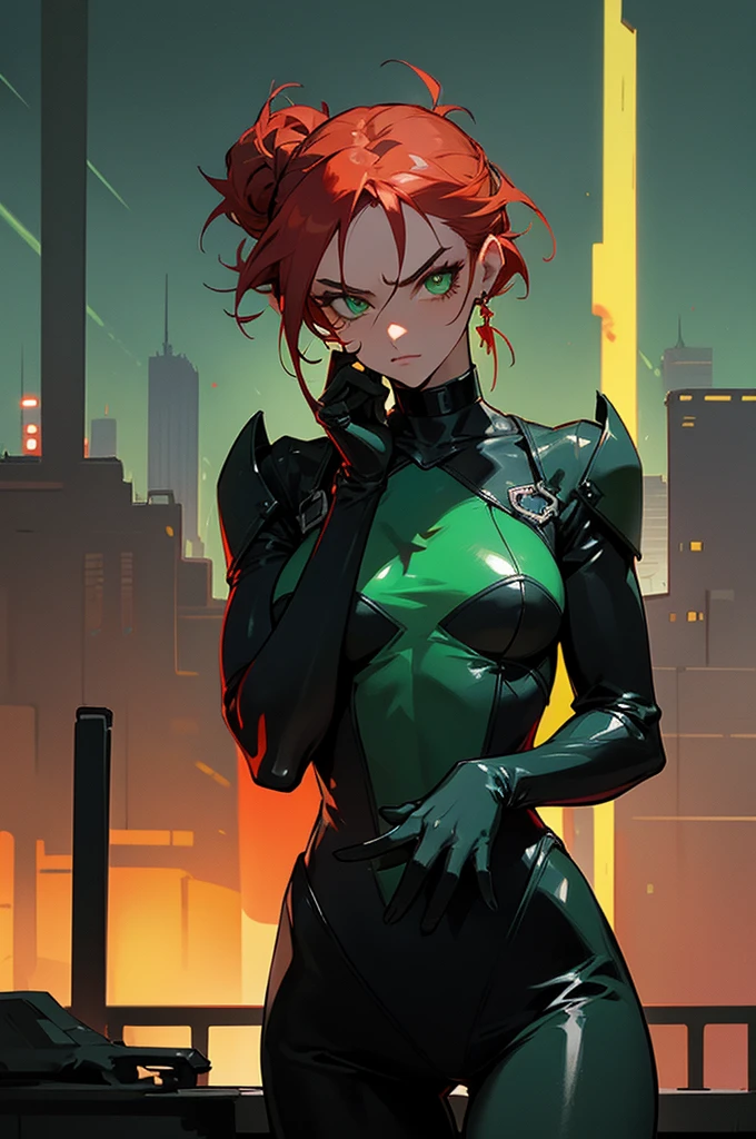 1female, fiery red hair, styled in a messy updo, emerald green eyes, fierce expression, black leather bodysuit with red accents, silver choker with a large gemstone, tactical gloves, dark sunglasses, dystopian cityscape background with neon signs, detailed face, hands to side, standing on path