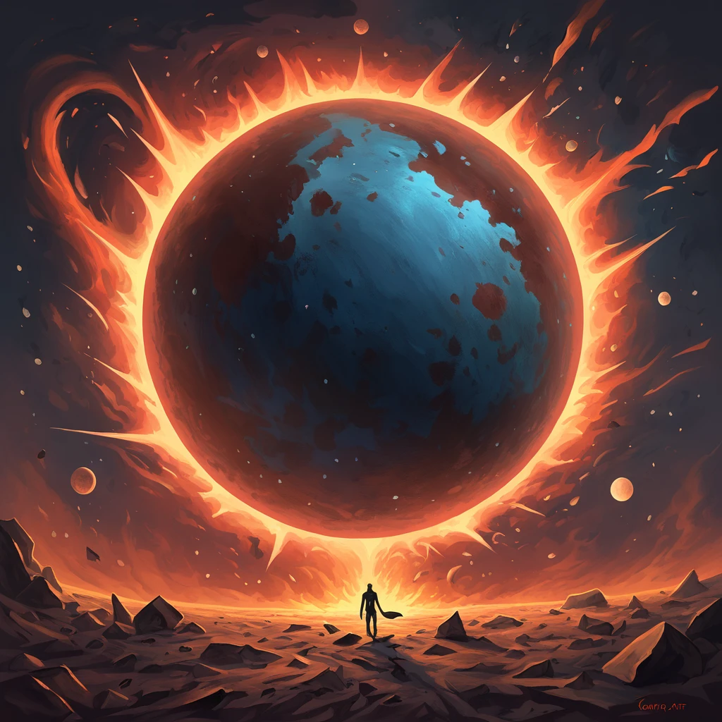 A planet once thrived, a vibrant jewel In the vastness of the universe then in a blast of devastating power It shattered into fragments, dark and cold, leaving only silence, in tempera art style