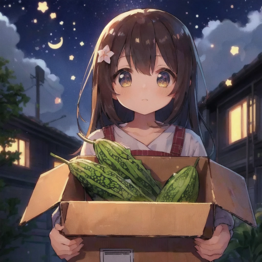 Anime girl holding a box of bitter melon in front of a building,Cute girl anime visuals, 4K Manga Wallpapers, Anime Moe Art Style, Best anime 4k konachan wallpaper, Cute Anime Girl, Anime Style 4k, Trending on cgstation, Nightcore, High quality anime art style, Kantai Collection Style, everyone, LOFI Girl