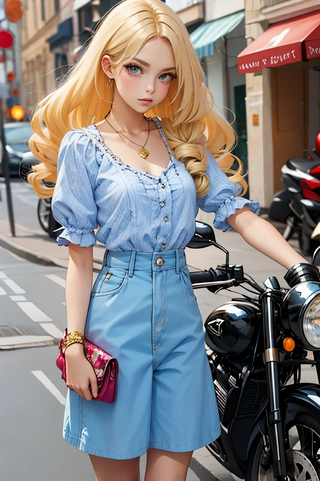 A woman takes a corner on a motorcycle, no helmet, long blonde hair flying, a beautiful woman, a lovely expression, a public road, a speedy depiction