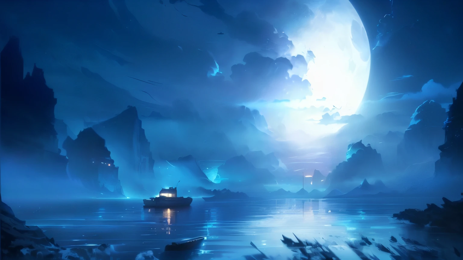 there is a boat floating on the water in the moonlight, calm night. digital illustration, background artwork, dreamlike digital painting, anime landscape wallpaper, serene illustration, makoto shinkai cyril rolando, atmospheric. digital painting, dreamy matte painting, 3840x2160, 4 k hd illustrative wallpaper