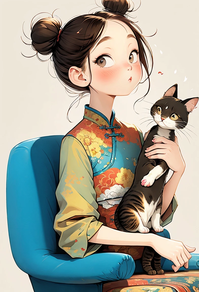 (masterpiece, best quality:1.2), watercolor，cartoonish character design。1 girl holding a cat, Solitary，big eyes，Cute expression，Two hair buns，cheongsam，portrait，interesting，interesting，Clear lines，Leave blank，
