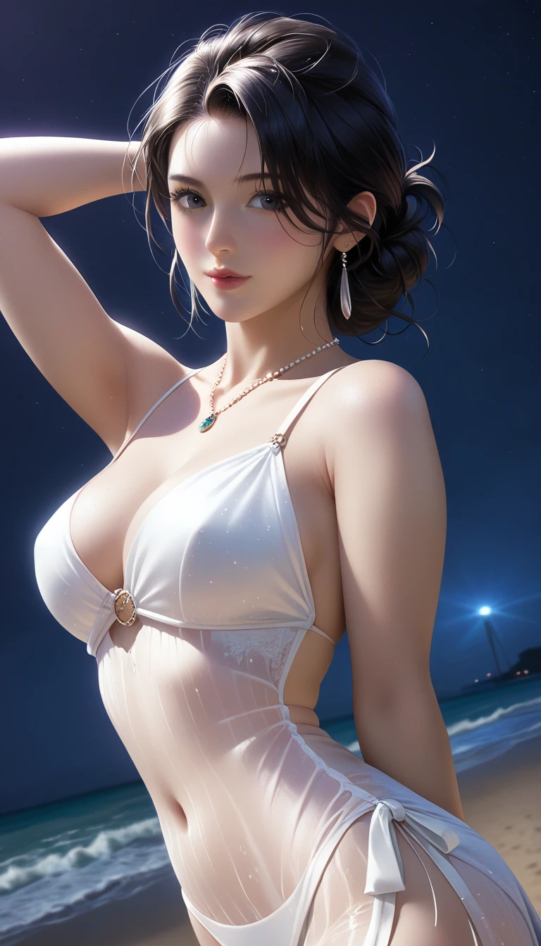 score_9, score_8_superior, score_7_superior, Masterpieces with up to 16K resolution,Highest quality,it is really amazing,Very detailed,Ultra-high resolution,(Ultra-realistic:1.1),(Realistic:1.1),Increased depth of field,Cinematic lighting,
Elegant Japanese MILF,
Long black hair,Ultra-detailed and beautiful faces,Translucent white skin,Very detailedな肌,
(Elegant swimwear:1.1),
Bold design,Artistic design,Beautiful and detailed pattern,Detailed fabric texture,
Gorgeous necklace,Earrings,
(Bali Beach:1.1),(Dark beach at night:1.1),(Deserted beach:1.1),(A pitch black night sky with dark clouds:1.1),
(Dutch Angle:1.2),