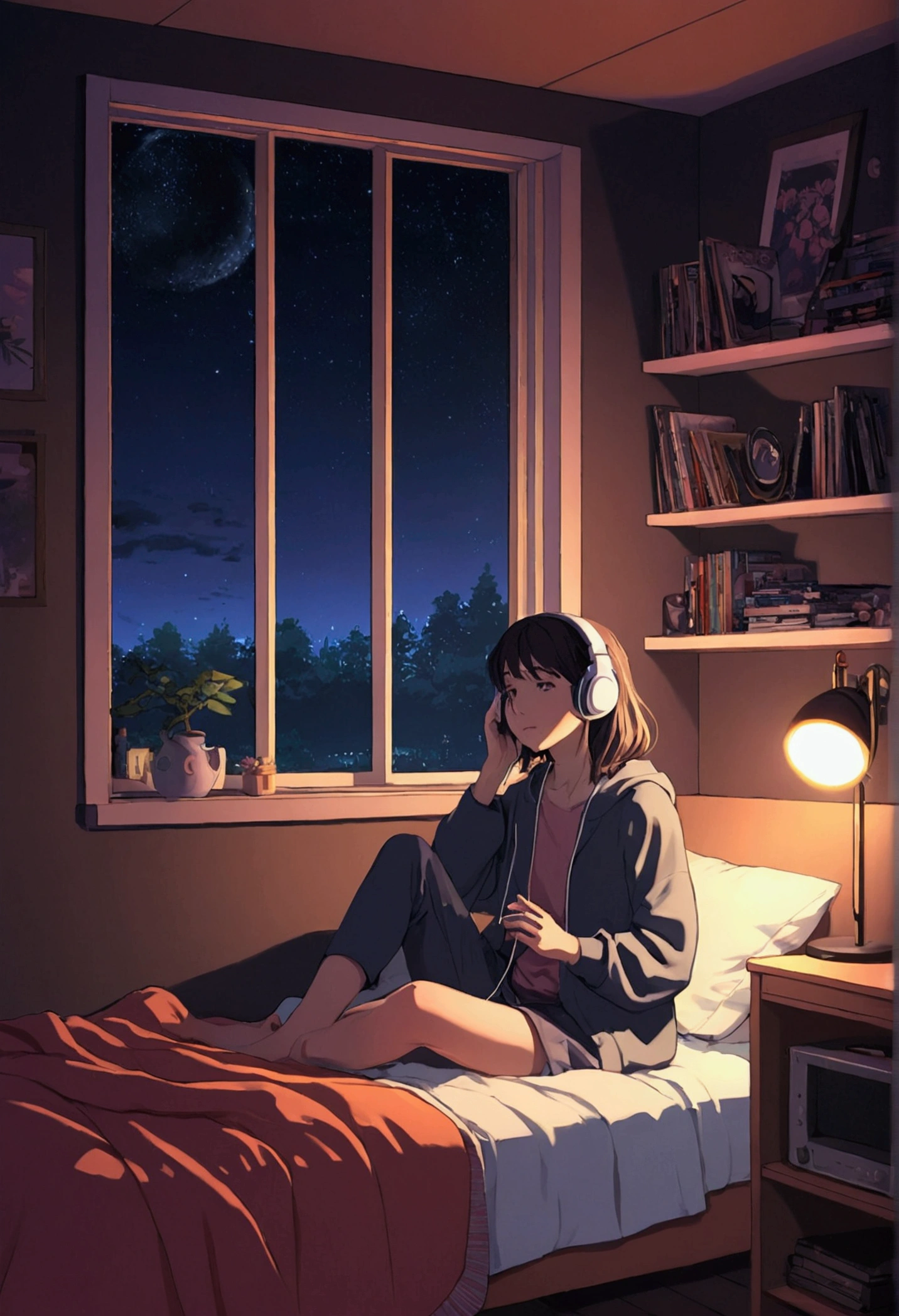 night、Girl listening to music in a cozy room, Use headphones, 2D Style Anime, Lo-Fi, hard disk, Dark Environment
