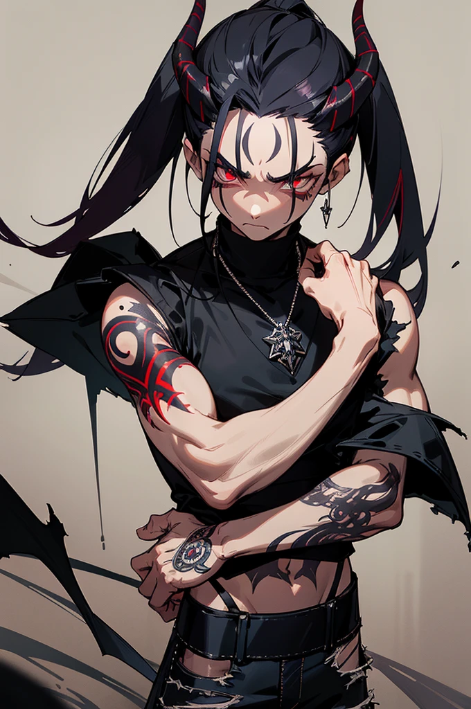1male, dark indigo hair, spiked with a silver streak, crimson eyes with a fierce glare, intricate black tattoos covering his arms and neck, small demon horns protruding from his forehead, sleeveless leather vest, torn dark jeans, silver chain necklace, desolate wasteland background with eerie mist, detailed face, hands to side, standing on path