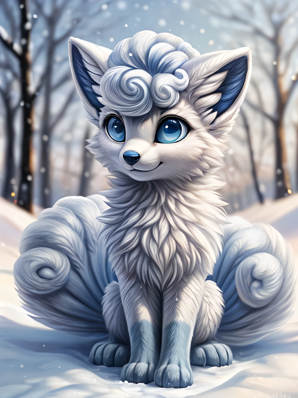 Beautiful Furry art, slim, feral, cute, realistic, sky blue eyes, white fur, one white fox, (alolan vulpix), full body, fluffy, high quality,(by hioshiru), snow, more snow, winter background, bokeh, masterpiece, breathtaking, realistic oil painting,