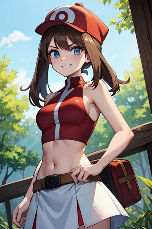 adult_may_from_pokemon, (full_red_high_neck_halter_top | bare shoulders | neckholder), (white_skirt), (red_basecap), very_small_midriff, (long hair | brown hair), (blue_eyes), fanny_pack, motivated_pose, evil, villain, evil_smile, medium_breasts, nature, town, skinny, female, high resolution, 8k, cowboy shot