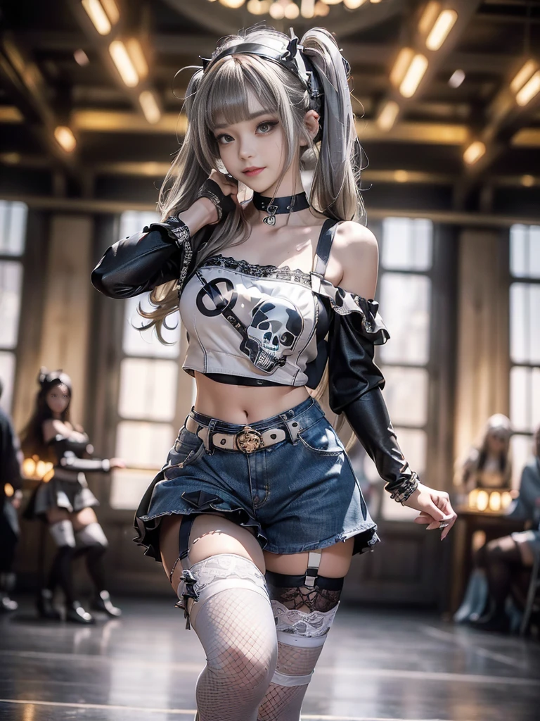 (Full body image:1.3)、(Beautiful lips and nose:1.4)、(Side view:1.1)、(Smiling with teeth showing:1.3),(Fashion Model:1.5)、(Gothic ta battle uniform with delicate decoration:1.5)、(White off-shoulder hoodie:1.5)、(black, Silver and white shorts:1.4)、(denim garter belt:1.5)、(black and denim knee socks:1.3)、(Skull Silver Accessories:1.5)、(Lace Color:1.3)、(Brown Skin Belt:1.4)、(Brown boots:1.2)、(Polka dots on underwear:1.4)、23 years old、((Highest quality、In 8K、masterpiece:1.3))、Sharp focus:1.2、(Layered Cut、Huge boobs:1.1),Beautiful woman with perfect figure:1.4、(Dance vigorously:1.3)、Slim Abs:1.2、Highly detailed face and skin texture、Detailed eyes、double eyelid,(Twin tails:1.3)、(Brownish golden hair:1.3)、Idol Sculpture、(The background is a gorgeous dance hall.:1.3)、(The body is slim:1.2),(Slimming your legs:1.4),(clavicle:1.1)