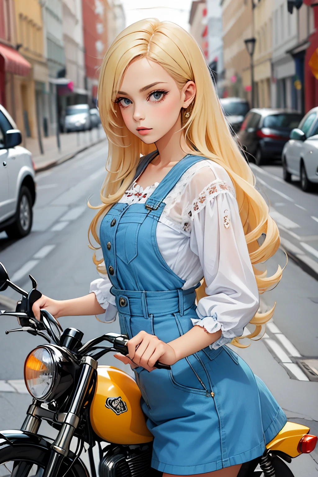 A woman takes a corner on a motorcycle, no helmet, long blonde hair flying, a beautiful woman, a lovely expression, a public road, a speedy depiction