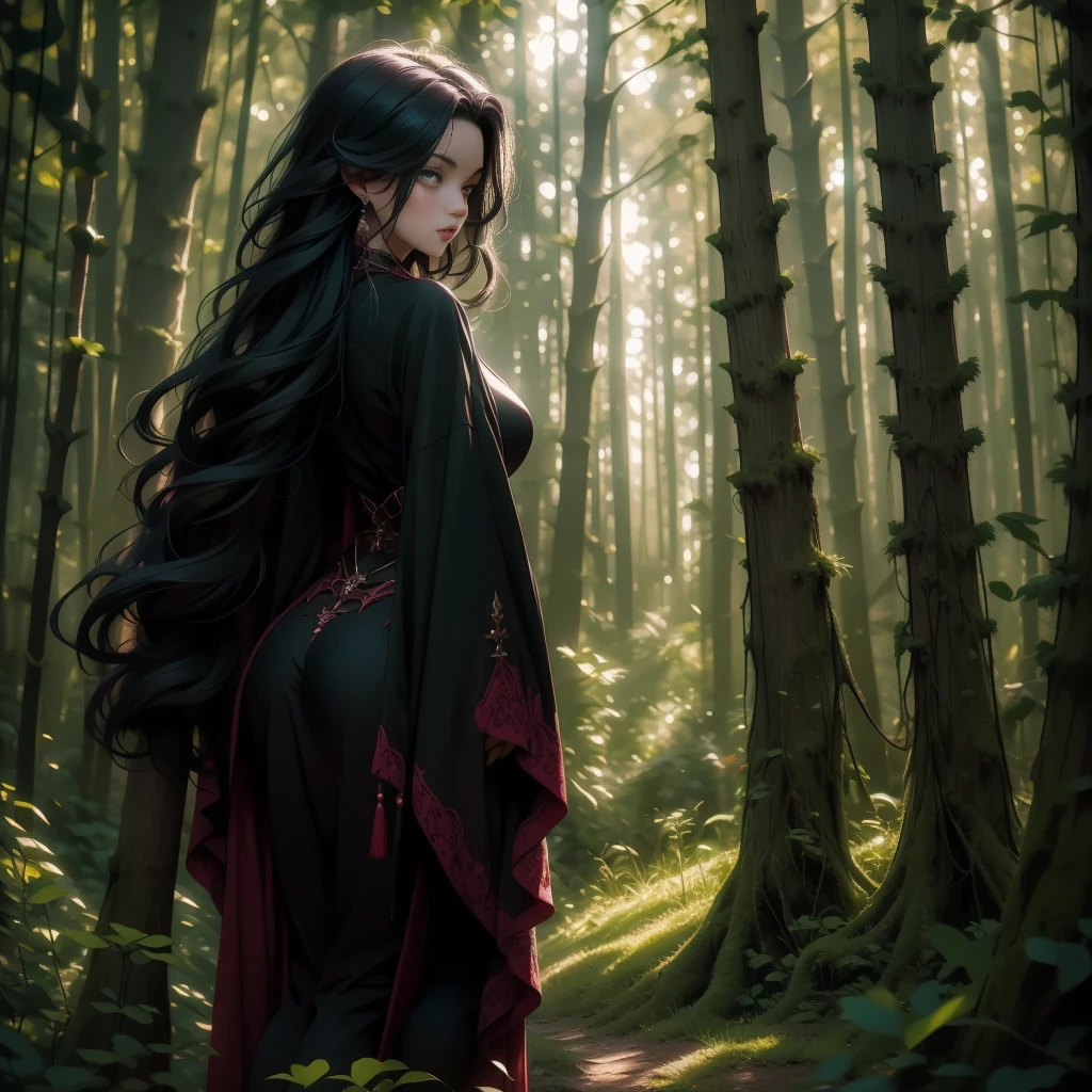 a beautiful young witch girl, long curly dark hair, piercing green eyes, delicate facial features, full red lips, sexy black witch outfit with long sleeves and a short skirt, full body view from behind, looking over her shoulder at the camera, dark moody forest background with full moon, dramatic lighting, dark colors, gothic, cinematic, highly detailed, 8k, photorealistic