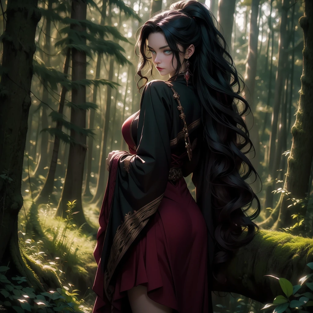a beautiful young witch girl, long curly dark hair, piercing green eyes, delicate facial features, full red lips, sexy black witch outfit with long sleeves and a short skirt, full body view from behind, looking over her shoulder at the camera, dark moody forest background with full moon, dramatic lighting, dark colors, gothic, cinematic, highly detailed, 8k, photorealistic