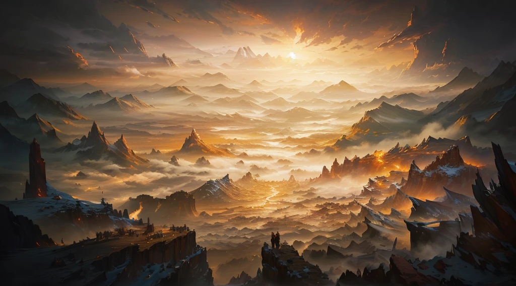 An oil painting depicting a mountain landscape at sunset, Loading Screen, Epic Landscapes, Background artwork, Dota Concept Art, battle landscape, Dota! Concept Art, Epic fantasy数字艺术风格, Background Air Combat, AuthorShen Zhou, 4k highly detailed digital art, Epic fantasy, by Li Zai, Epic Fantasy Game Art
