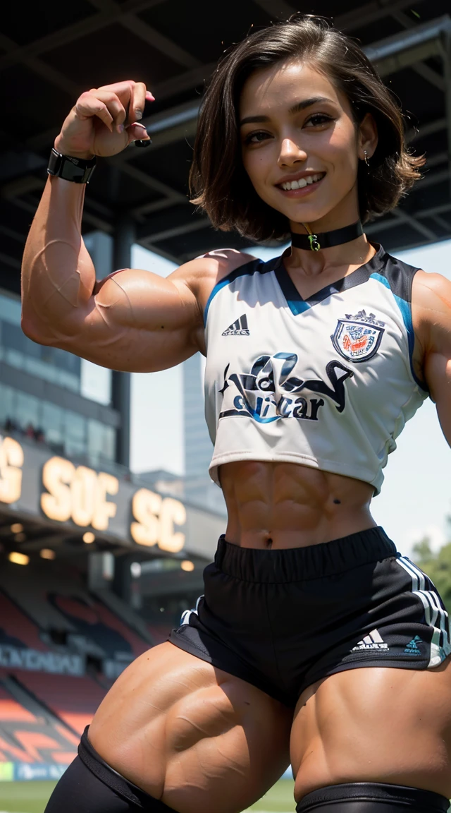 (muscular:2.2), (thick thighs:2.1),
(latina female, tan skin, dark skin, black hair:1.5), (big smile:1.5), (adult),
lipstick, eyeshadow,
(hard nipples), large breasts,
(soccer jersey, soccer shorts, choker, midriff:1.6),
looking at viewer, (three quarter view:1.3), upper body view, 
rim lighting, two tone lighting, dim lighting, bokeh, detailed skin, detailed eyes