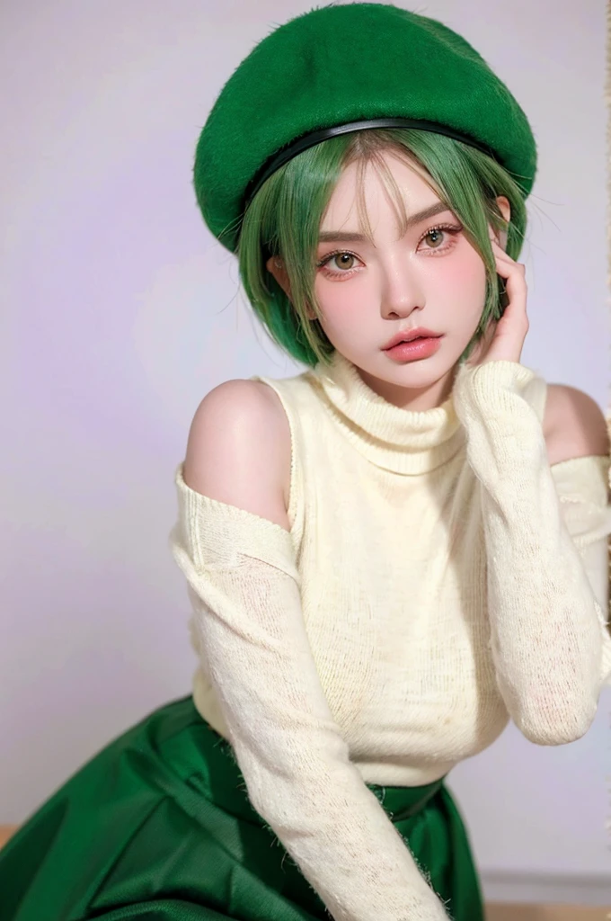 a detailed portrait of a beautiful young woman with stunning green hair, wearing a turtleneck sweater and a skirt, posing against a black background, ultra-detailed, 8k, HDR, photorealistic, (best quality,4k,8k,highres,masterpiece:1.2),ultra-detailed,(realistic,photorealistic,photo-realistic:1.37),nokiapretty, faux bob hairstyle, wool hat