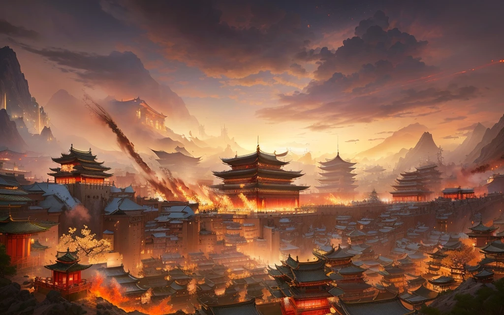 Alafud View,Chinese-style city tower,many people, An ancient city engulfed in fire, author:Yang J, G Liulian art style, by Shitao, Beautiful rendering of the Tang Dynasty, Pan Chengwei on artstation, 2. 5D CGI anime fantasy artwork, by Li Zai, Traditional Japanese concept art, by Qu Leilei