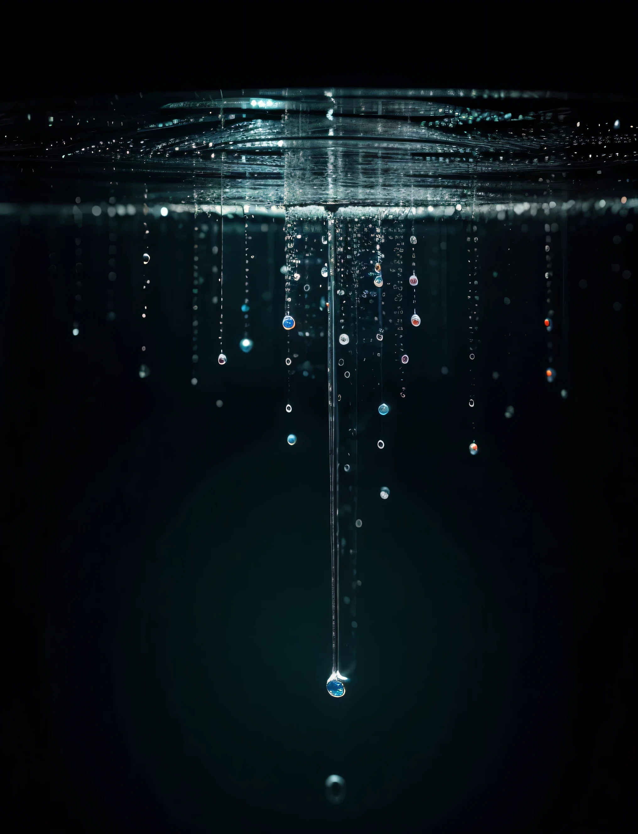 Artistic water droplets, suspended in water space. Extremely detailed and clear.
