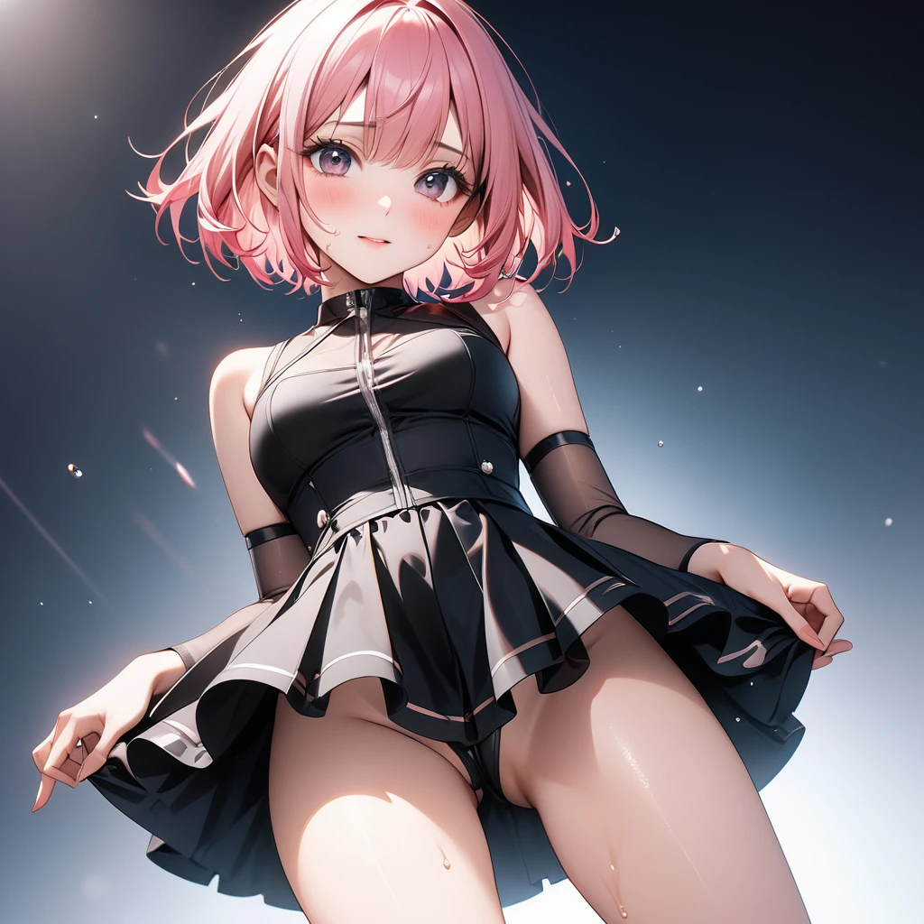 (((Female singer's costume, skirt))), skindentation, skinny, solo, 1 woman, Masterpiece, highest quality, highest quality, 16K, incredibly absurd, highly detailed, 2.5D, ai-generated, delicate and dynamic, very delicate facial expressions, delicate eye depiction, erotic, only sexy woman, ((A cute and kind face)), healthy figure, ((25-year-old woman)), 160cm tall, medium firm swaying bust, (short hair), (pink hair:1.5), bob cut, black eye, blush, Sweat,Embarrassed,sexy, ((thin thighs)), (camel toe:0.7), (visible nipples:0.3), (Erect nipples,:0.7), shiny and lustrous, facing straight at viewer, (((in heat))), ((Oily_skin)), ((dutch angle)), ((erotic pose)), ((The background was inspired by the image of "I'm so scared")),