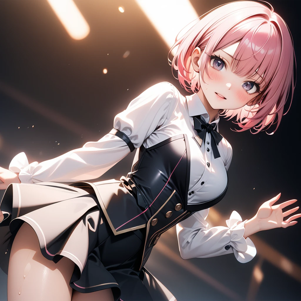 (((Female idols, idol costumes, skirt, pantyhose))), (Highly lustrous clothing), skindentation, skinny, solo, 1 woman, Masterpiece, highest quality, highest quality, 16K, incredibly absurd, highly detailed, 2.5D, ai-generated, delicate and dynamic, very delicate facial expressions, delicate eye depiction, erotic, only sexy woman, ((A cute and kind face)), healthy figure, ((25-year-old woman)), 160cm tall, ((medium firm swaying bust)), medium breasts, (short hair), (pink hair:1.5), bob cut, black eye, blush, Sweat,Embarrassed,sexy, ((thin thighs)), (Erect nipples,:0.5), shiny and lustrous, facing straight at viewer, smile, ((Oily_skin)), dark skin, ((standing)), ((arm at side)), ((erotic pose)),