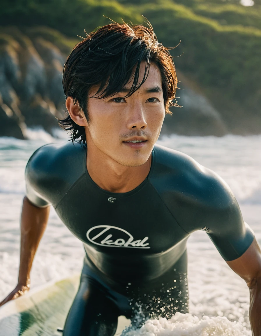 Closeup portrait of handsome Japanese guy, still from the film, (이동욱 look alike face: 0.8), athletic man on a surf board surfing on a wave barrel (freckles:0.2), Leica SL3, Summicron-SL 75 f/2 ASPH, Kodak Gold 200 film, bokeh, rim lighting, silhouette, shallowed depth of field, dynamic hands up,