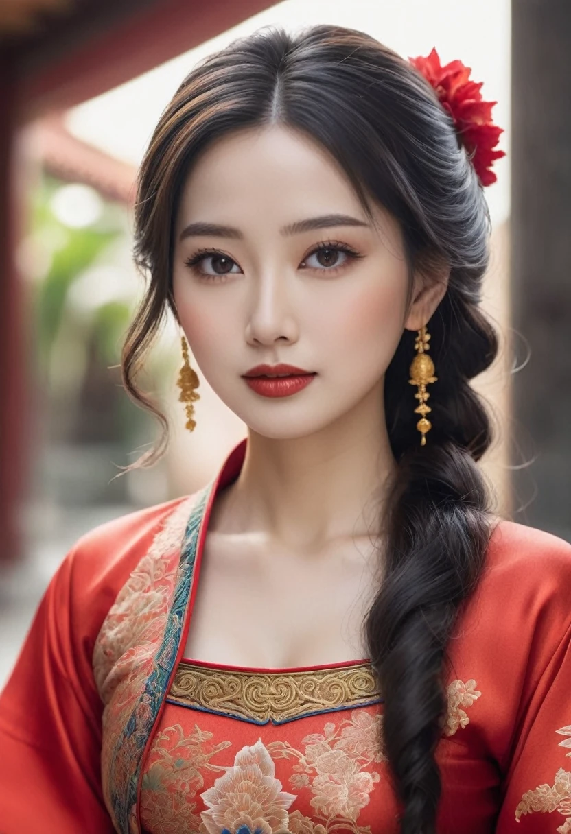 Create realistic AI images A beautiful woman with a good figure, long, curly, and volumetric hair tied in a red Thai costume.