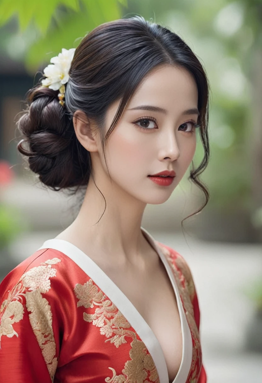 Create realistic AI images A beautiful woman with a good figure, long, curly, and volumetric hair tied in a red Thai costume.