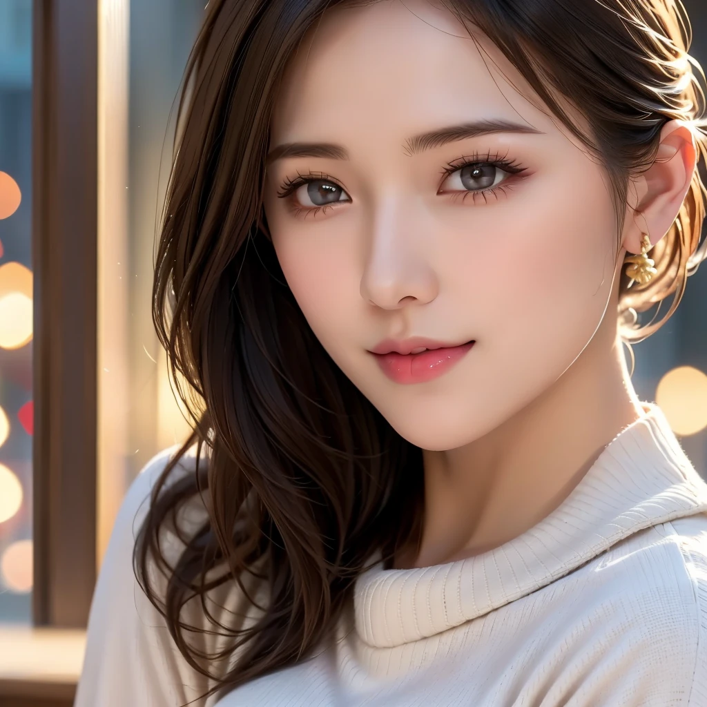 A beautiful young woman, 1girl, short hair, casual outfit, detailed face, alluring eyes, full lips, large bust, turtle neck t-shirt, vest, outdoor setting, soft lighting, warm colors, best quality, 4k, 8k, highres, masterpiece, ultra-detailed, realistic, photorealistic, photo-realistic, cinematic, beautiful detailed eyes, beautiful detailed lips, extremely detailed face and eyes, long eyelashes, intricate clothing textures, elegant posing, warm smile, romantic atmosphere