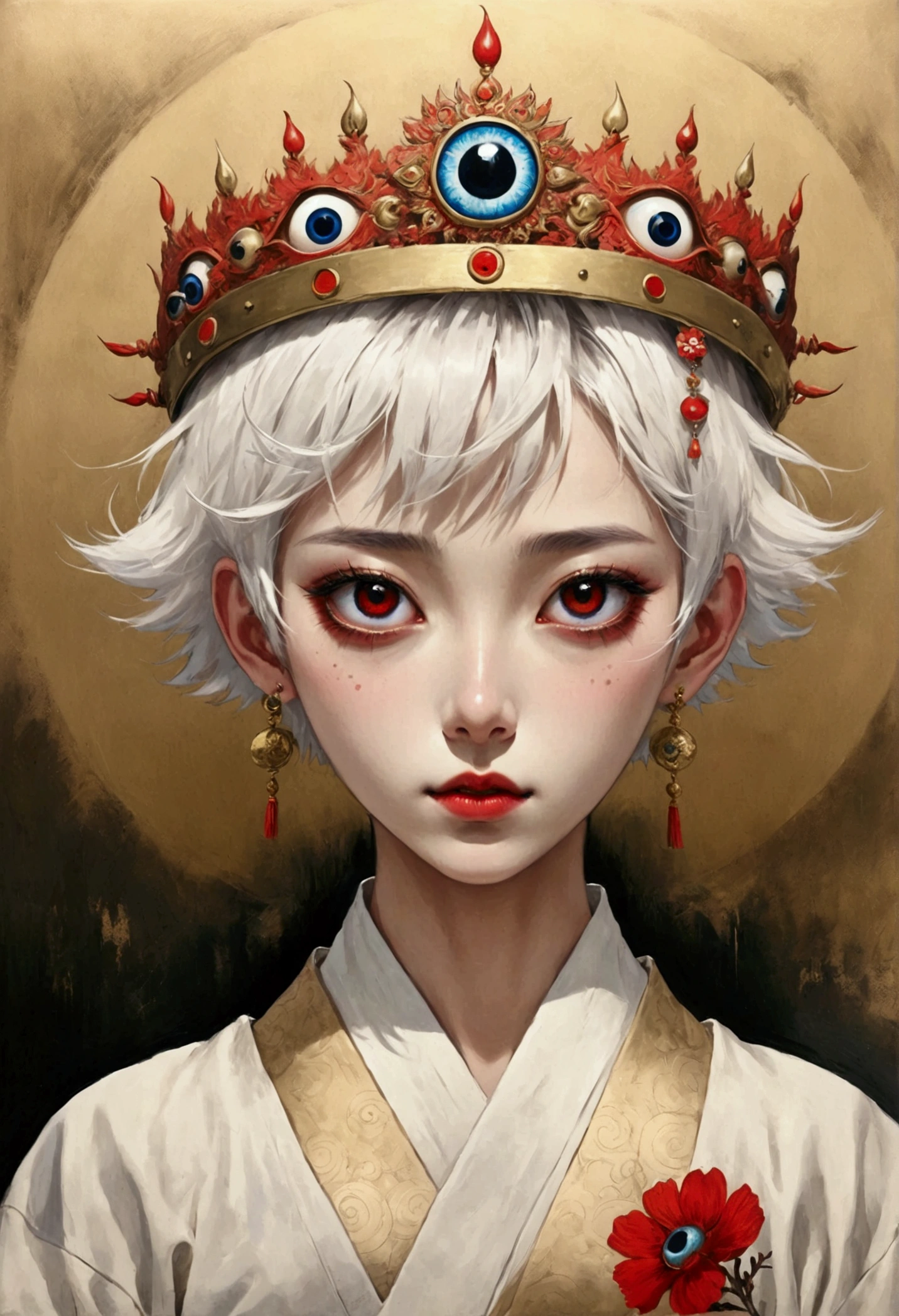 Inspired by Colored lead painting, The third eye vision on the forehead。White short hair,Crown,eyeball,Japanese clothing,panoramic,Wide Angle