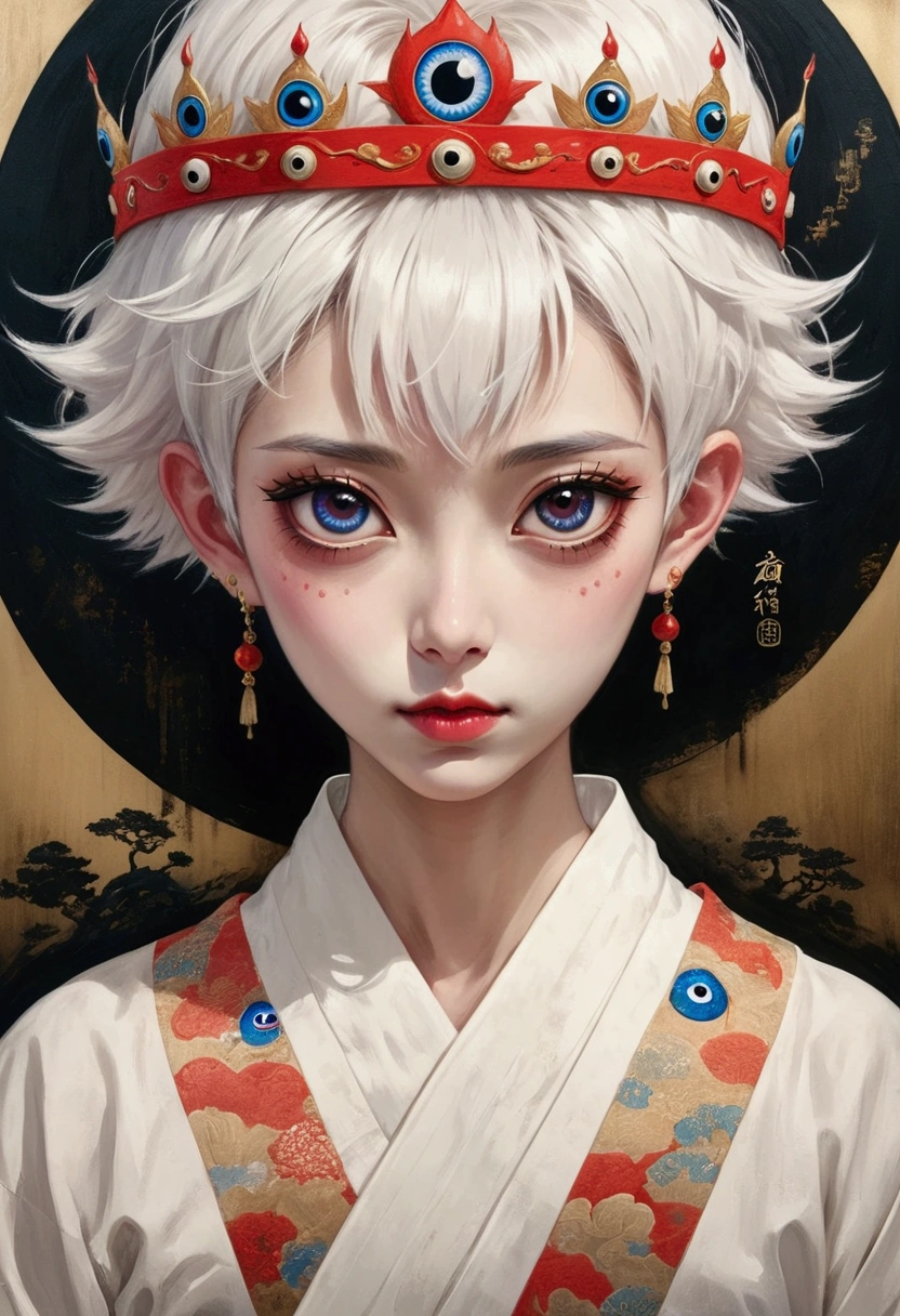 Inspired by Colored lead painting, The third eye vision on the forehead。White short hair，Crown，eyeball，Japanese clothing，panoramic，Wide Angle