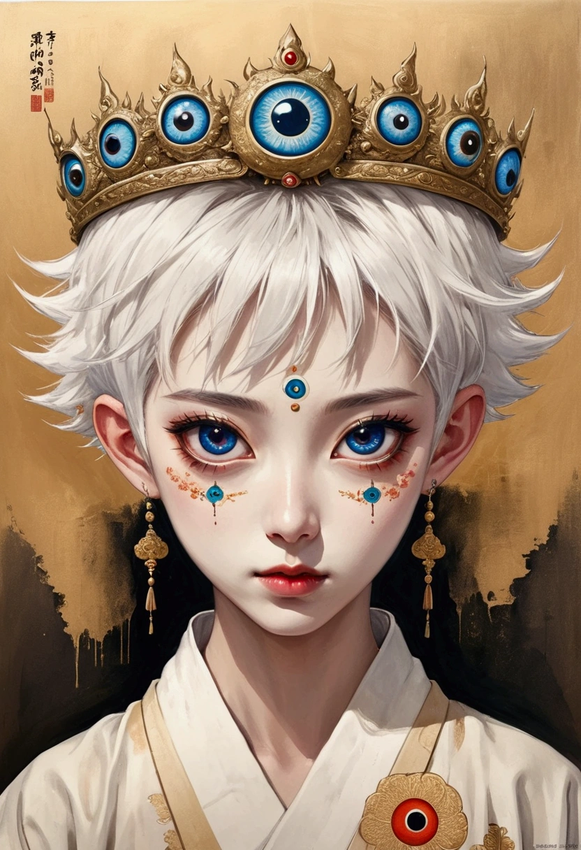Inspired by Colored lead painting, The third eye vision on the forehead。White short hair,Crown,eyeball,Japanese clothing,panoramic,Wide Angle