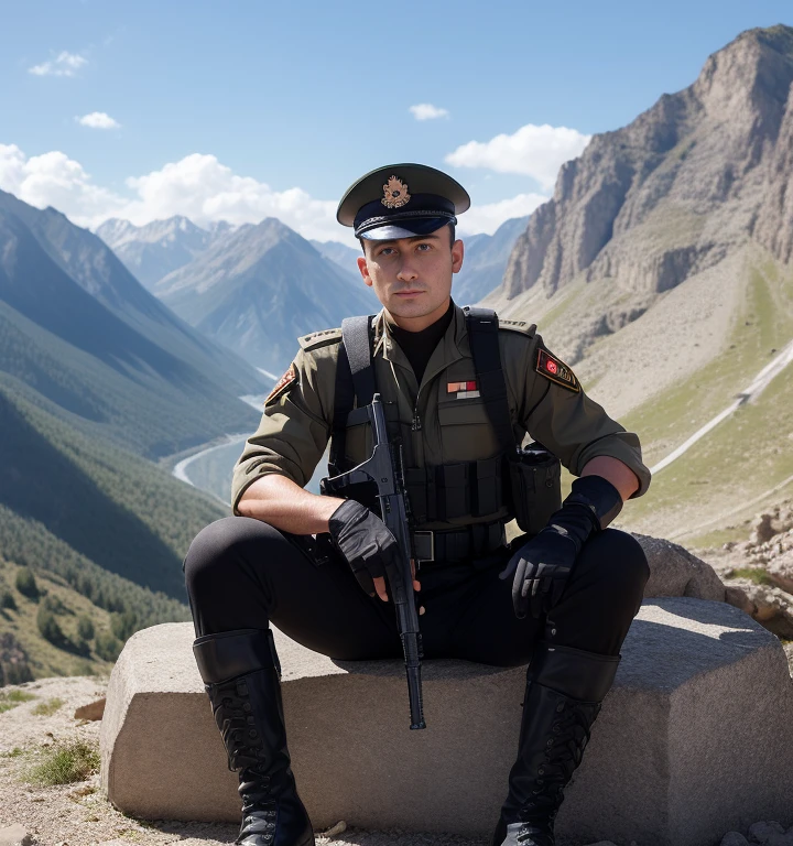 30 years old,One Man,Turkish military personnel,Cliff in the mountains、Sit with your legs wide open、Hold a gun,logic,Gay ,Short Hair、Stubble,Handsome、Fighting spirit、The crotch area is bulging。Shocker Belt、Black boots、Black gloves、