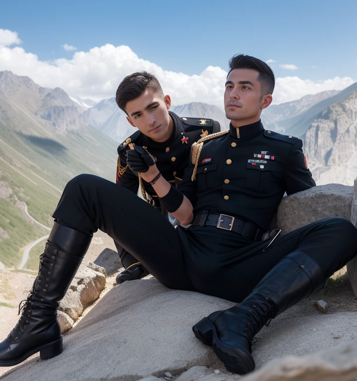 30 years old,One Man,Turkish military personnel,Cliff in the mountains、Sit with your legs wide open、Hold a gun,logic,Gay ,Short Hair、Stubble,Handsome、Fighting spirit、The crotch area is bulging。Shocker Belt、Black boots、Black gloves、