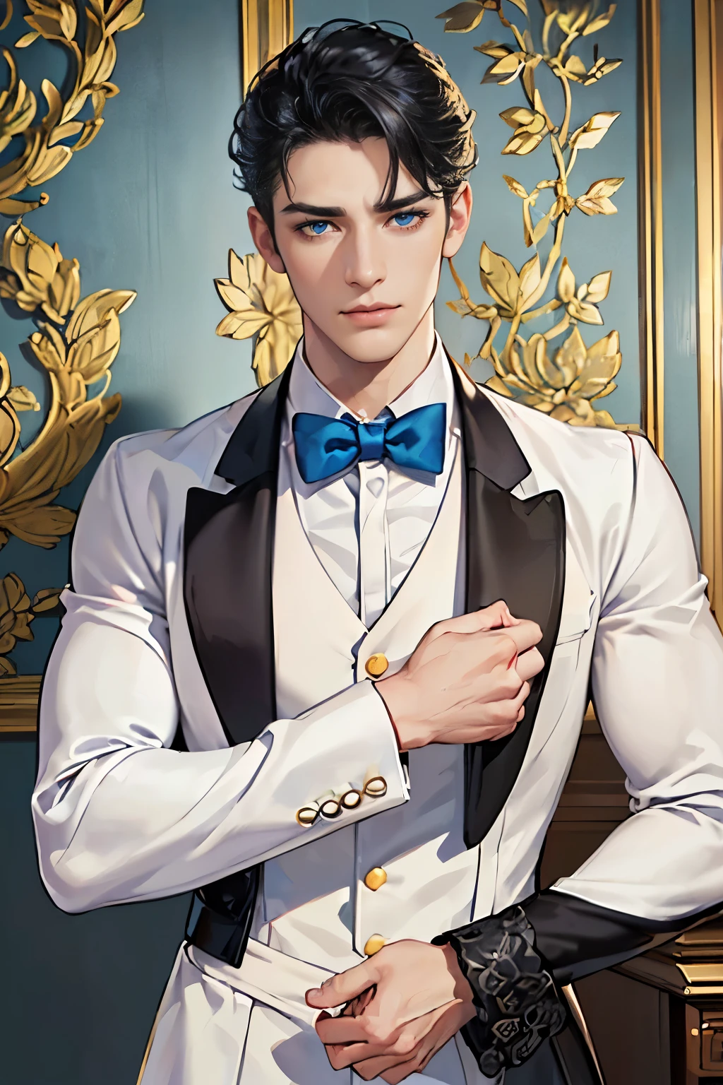 male,1dude, (muscular:1.2),((his handsomeness is undeniable)),((elegant and serious face)),((hyper detailed perfect eyes)),((short and slick black hair)),(((blue_eyes:1.1))),intricate eyes,handsome detailed eyes,symmetrical eyes,(((white skin:1.3,lustrous skin:1.5,bright skin: 1.5,shiny skin)))),(((detailed face))), ((manservant outfit, white shirt, bowtie, black suit, butler fit, handsome butler)) ((silky material)) (cute pose:1.0),(centered,scale to fit dimensions,Rule of thirds), ((beautiful luxurious house kitchen, luxury interior)),scenery:1.25,((intricate scenery)),((luxurious house background)), (Glossy greek ornaments),highres,sharp focus,(ultra detailed,extremely detailed),(photorealistic artwork:1.37),(extremely detailed CG unity 8k wallpaper),(((vibrant colors,vibrant theme))),(intricate),(masterpiece),(best quality),artistic photography,(photography taken by sldr),(intricate background),perfect rendered face,perfect face details,realistic face,photo realistic,((intricate detail)),(((realism))), ((full shot:1.4)), arms behind, elegant pose