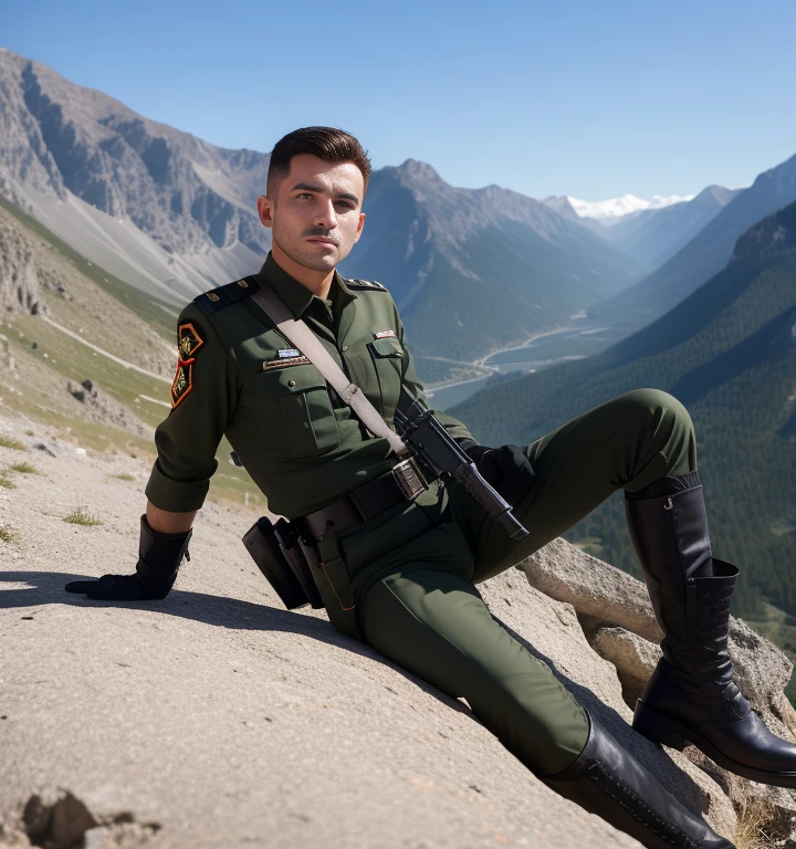 30 years old,One Man,Turkish military personnel,Cliff in the mountains、Sit with your legs wide open、Hold a gun,logic,Gay ,Short Hair、Stubble,Handsome、Fighting spirit、The crotch area is bulging。Shocker Belt、Black boots、Black gloves、