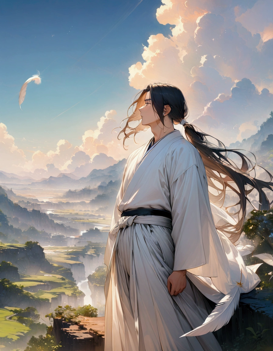 (masterpiece:1.3),(最high quality:1.4),(Very detailedな:1.5),High resolution,Very detailed,8k,artwork,High level of detail,rendering,high quality,Wide range of colors,A fantastic space where countless white feathers fall,Vivid light,（One man、profile),Landscape,Cool handsome guy,Swordsman、(White Hair)、Long hair that reaches down to the waist is tied in a single ponytail、White Hakama、白いSwordsmanの服装、((samurai)),There&#39;s a sword on his waist、Looking up with a blank look。