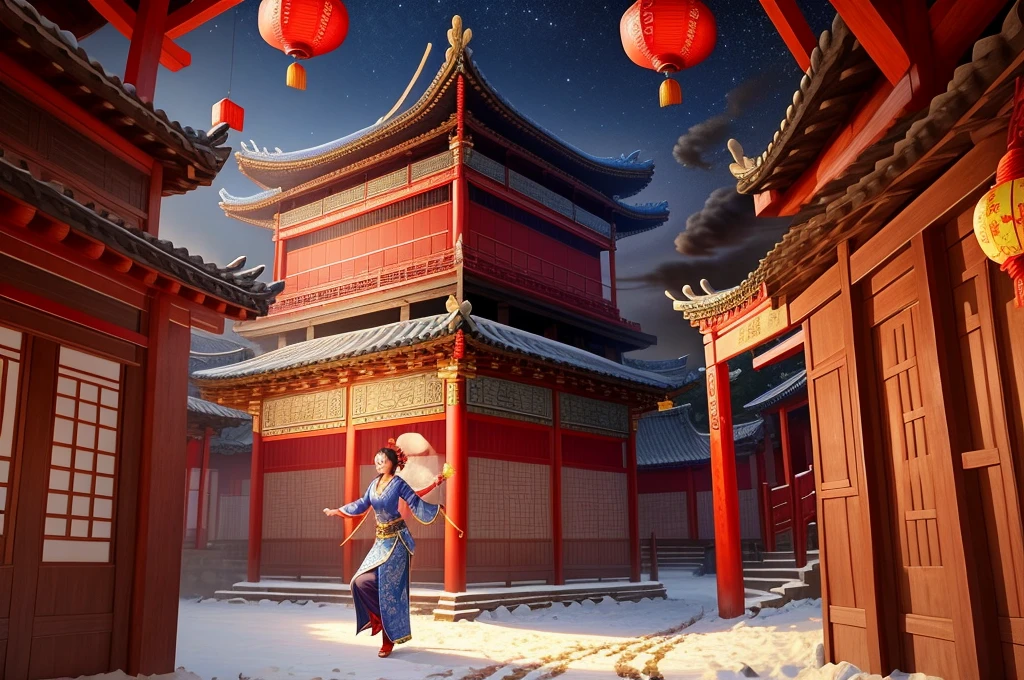 (Ancient Chinese beauty dance:1.2),Hyper-realistic CG rendering of China,Ancient architecture in Jiangnan、The ancient town has Yaolin Wonderland。night,Huge Moon:1.5,The stars are bright,The smoke is fascinating,Maple leaves and milk leaves are both trees。Snow Scene。HD