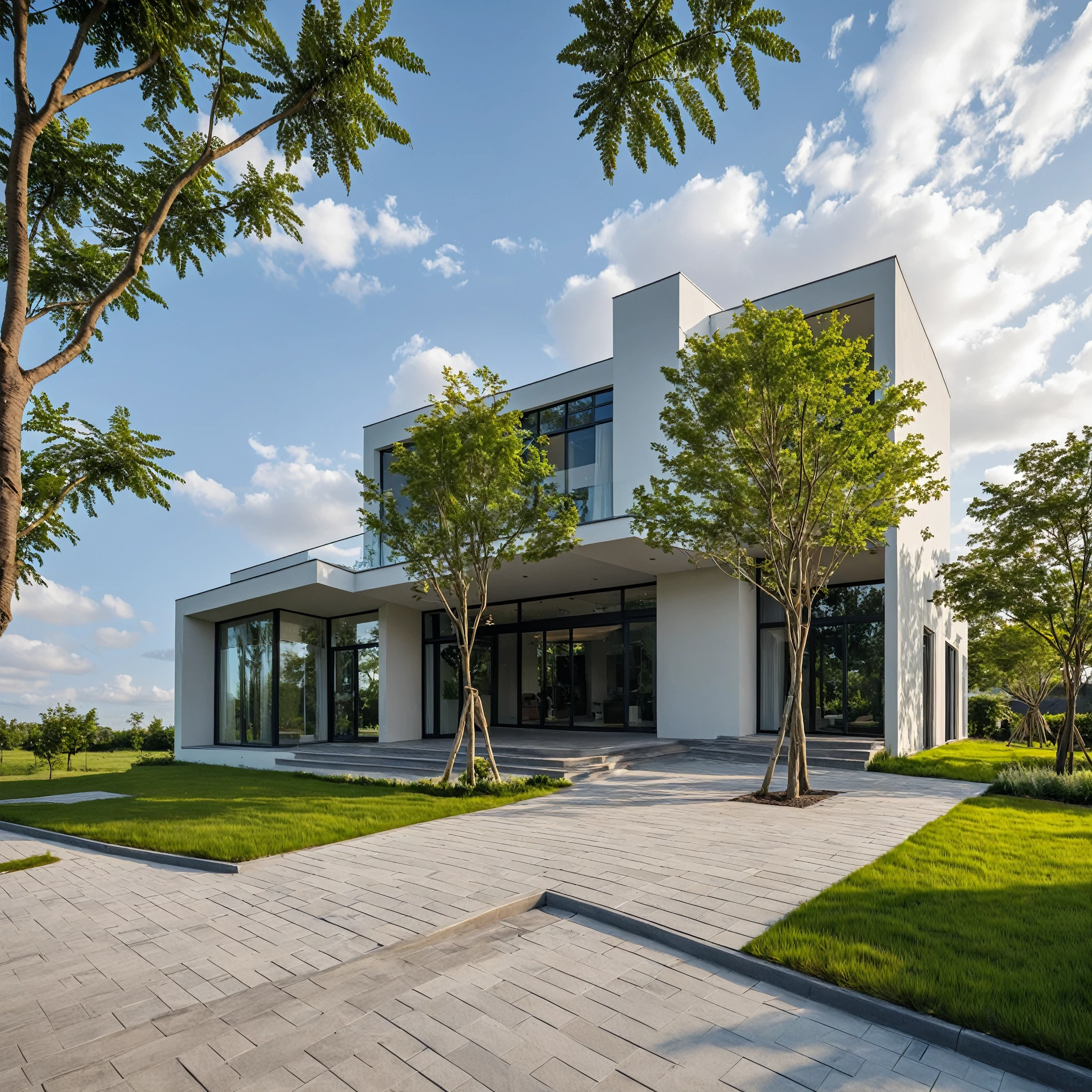 Masterpiece, high quality, best quality, authentic, super detail, outdoors, onestoreyvillaXL, aiaigroup, house style modern on the street ,stairs, white wall ,road,pavement, grass, trees, sky, cloud, (daylight:1.1)