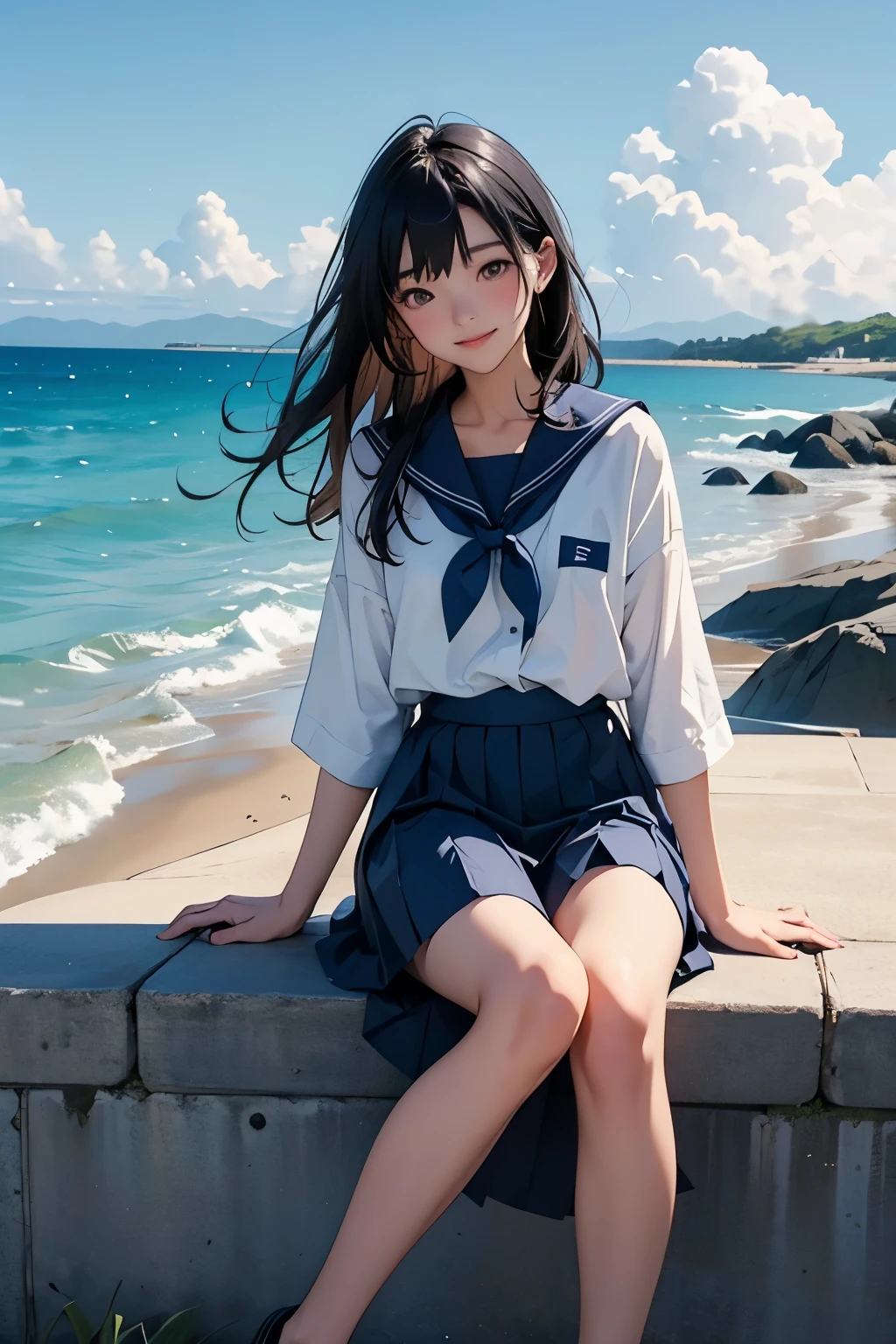 Beautiful 18 year old Japanese woman、Hair color is black、black eye、Medium Hair、Straight hair、smile、slender but well-proportioned body,、sit on a high breakwater on the beach、The blue sky is beautiful、There is an entrance cloud、summer、I'm wearing a sailor suit、Wearing a navy blue pleated skirt、Wear loafers、There is a road in front of the breakwater.、There is a sign indicating the bus stop.、The sea is beautiful、The horizon is beautiful、An island can be seen offshore