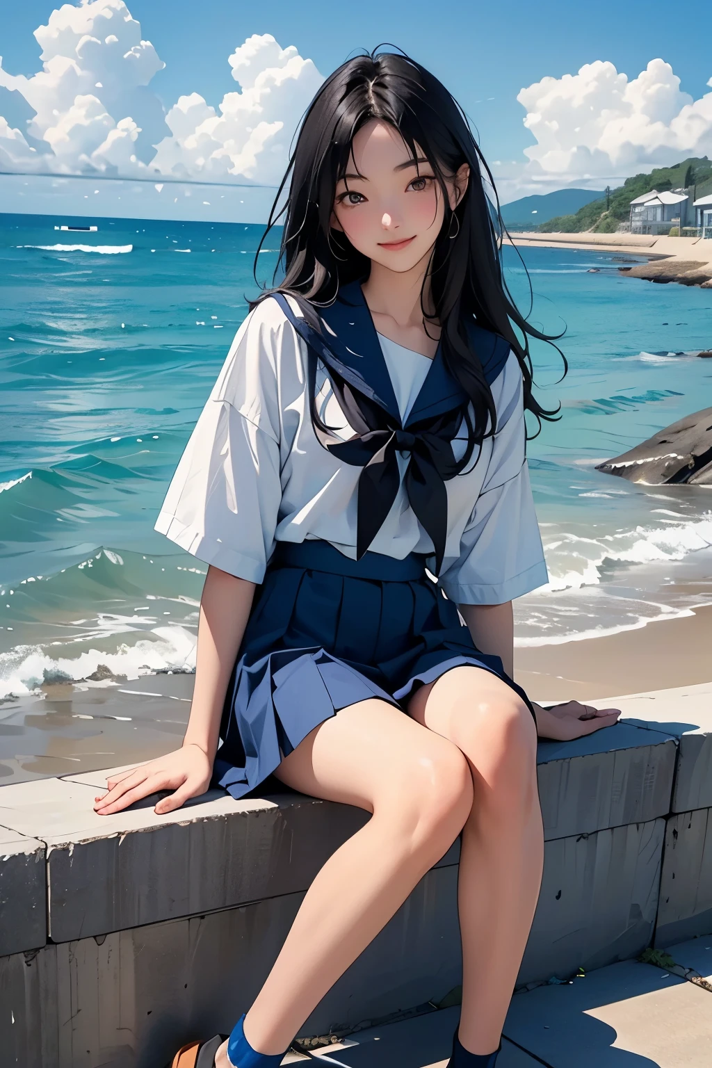 Beautiful 18 year old Japanese woman、Hair color is black、black eye、Medium Hair、Straight hair、smile、slender but well-proportioned body,、sit on a high breakwater on the beach、The blue sky is beautiful、There is an entrance cloud、summer、I'm wearing a sailor suit、Wearing a navy blue pleated skirt、Wear loafers、There is a road in front of the breakwater.、There is a sign indicating the bus stop.、The sea is beautiful、The horizon is beautiful、An island can be seen offshore