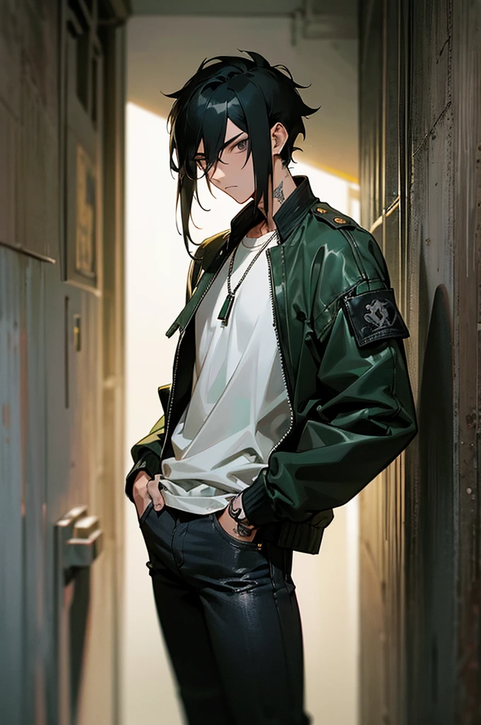 1male, jet black hair, short and tousled, piercing gray eyes, calm expression, subtle dragon tattoo on his left arm, dark green bomber jacket, white t-shirt, black jeans, minimalistic silver chain, urban alleyway background with soft lighting, detailed face, hands to side, standing on path