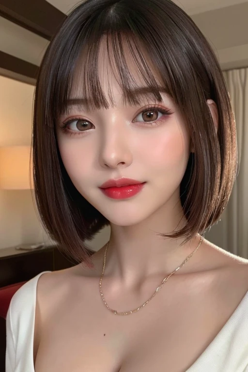 (Highest quality、Tabletop、8k、Best image quality、Award-winning works)、(One Girl, 14 years old:1.3)、(Perfect V-neck long knit red sweater:1.2)、(Red eyeshadow:1.2)、Perfect Makeup、Long eyelashes、Ultra-high definition sparkling eyes、Ultra HD Hair、Ultra-high resolution glossy lips、Ultra High Resolution Perfect Teeth、Ultra HD cute face、Brown Hair、(Very short straight hair:1.1)、Look at me and smile、[clavicle]、Accurate anatomy、(Face close-up:1.5)、Luxury Love Hotel、(The most atmospheric and warm lighting:1.2)、Blurred Background、With bangs、Ultra-high-definition, shiny, moisturized face、Ultra-high resolution glowing skin、The most detailed face、Super high resolution detailed faces、ultra high resolution hair、Ultra-high resolution sparkling eyes、Beautiful face drawn in every detail、Ultra high resolution glossy red lips、Big Breasts、Cleavage、Fashionable necklaces