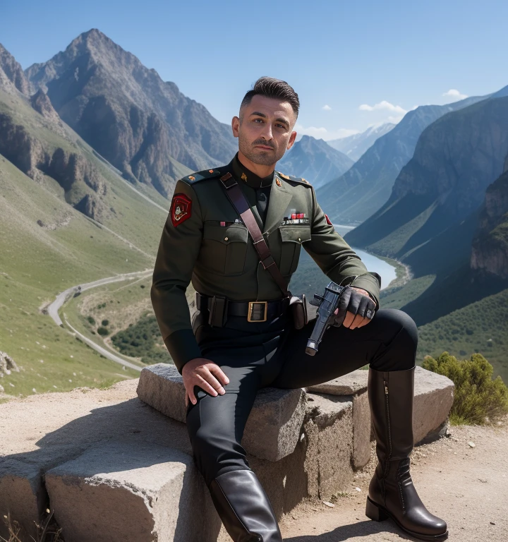40 years old,One Man,Turkish military personnel,Cliff in the mountains、Sit with your legs wide open、Hold a gun,logic,Gay ,Short Hair、Stubble,Handsome、Fighting spirit、The crotch area is bulging。Shocker Belt、Black boots、Black gloves、