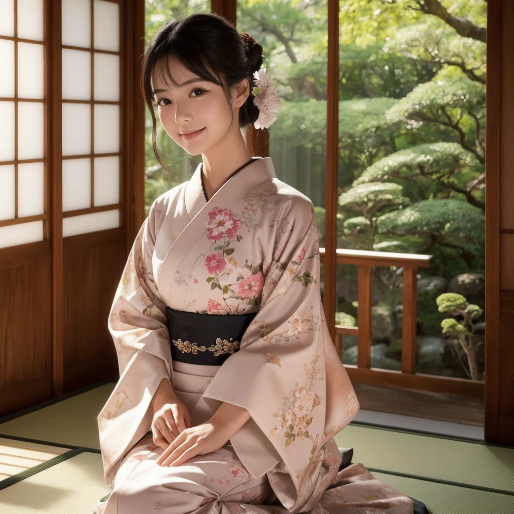 (Photorealsitic:1.4), (Top image quality:1.0), (超A high resolution:1.0), Raw photography, (masterpiece:0.2), (pureerosface_v1:0.5)、(Best Quality Detail:1.2)、realisitic、8K UHD、hight resolution、(1girl in:1.2)、The ultra-detailliert、High quality textures、intricate detailes、detaileds、Very detailed CG、High quality shadows、Detail Beautiful delicate face、Detail Beautiful delicate eyes、depth of fields、Ray traching,1girl in, japanaese girl, Cute, slender, Kimono with Japanese pattern,Floral scrunchie, Beautiful skin, Facing the front,Sit down, Sit upright and say thank you,Align your hands elegantly,Smile faintly The Land of Japan,Japanese garden,Luxury Japanese-style room, skyporn, Magic Hour, (Realistic:1.3), Finely detailed, quality, (masutepiece:1.2), (Photorealistic:1.2), (Best Quality), (Intricate details), Dramatic, Ray tracing, photograph, +Lola