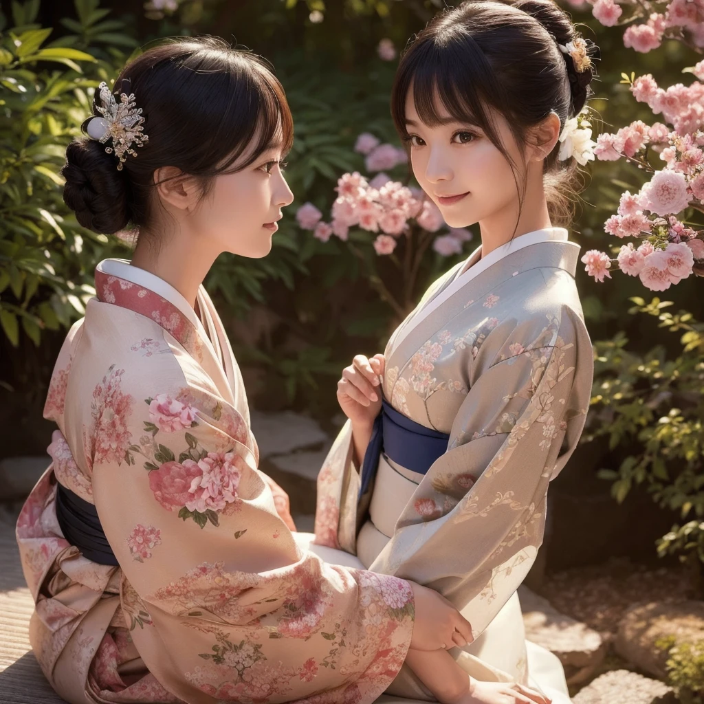 (Photorealsitic:1.4), (Top image quality:1.0), (超A high resolution:1.0), Raw photography, (masterpiece:0.2), (pureerosface_v1:0.5)、(Best Quality Detail:1.2)、realisitic、8K UHD、hight resolution、(1girl in:1.2)、The ultra-detailliert、High quality textures、intricate detailes、detaileds、Very detailed CG、High quality shadows、Detail Beautiful delicate face、Detail Beautiful delicate eyes、depth of fields、Ray traching,1girl in, japanaese girl, Cute, slender, Kimono with Japanese pattern,Floral scrunchie, Beautiful skin, Facing the front,Sit down, Sit upright and say thank you,Align your hands elegantly,Smile faintly The Land of Japan,Japanese garden,Luxury Japanese-style room, skyporn, Magic Hour, (Realistic:1.3), Finely detailed, quality, (masutepiece:1.2), (Photorealistic:1.2), (Best Quality), (Intricate details), Dramatic, Ray tracing, photograph, +Lola