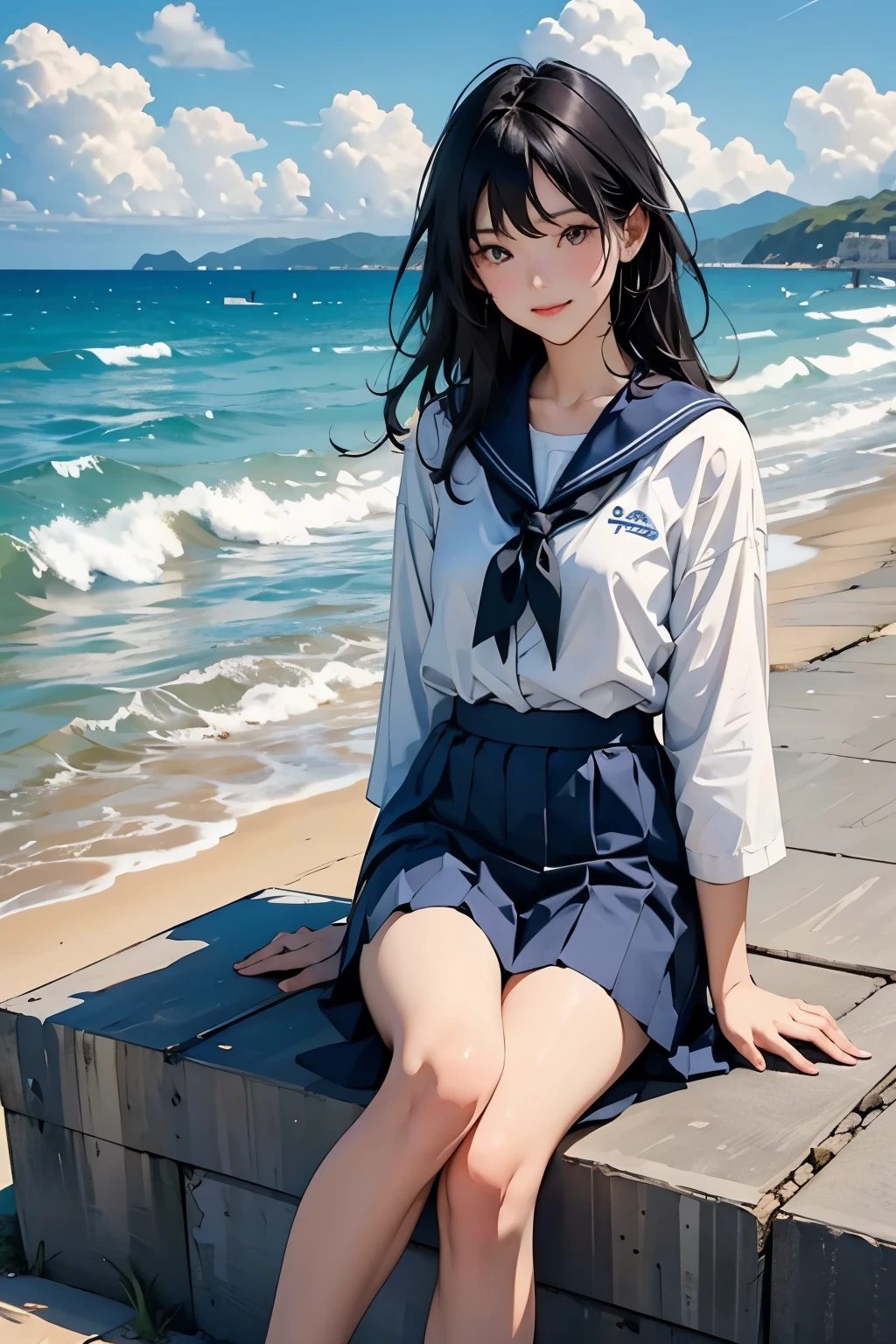 Beautiful 18 year old Japanese woman、Hair color is black、black eye、Medium Hair、Straight hair、smile、slender but well-proportioned body,、sit on a high breakwater on the beach、The blue sky is beautiful、There is an entrance cloud、summer、I'm wearing a sailor suit、Wearing a navy blue pleated skirt、Wear loafers、There is a road in front of the breakwater.、There is a sign indicating the bus stop.、The sea is beautiful、The horizon is beautiful、An island can be seen offshore