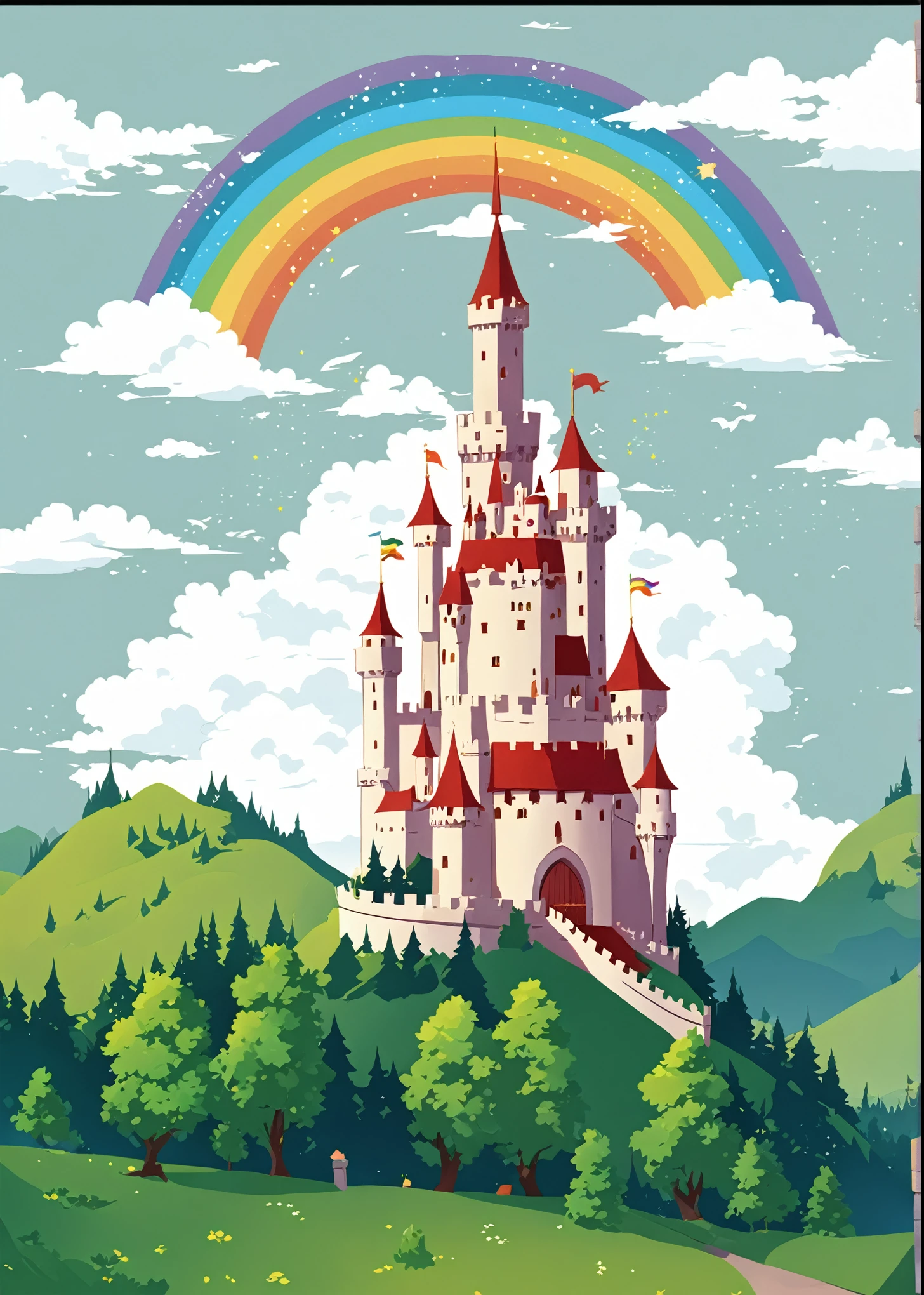 A cartoon castle，There is a rainbow in the sky and trees, Castle Background, Dream Castle, medieval Castle Background, Fairy tale style background, Medieval castle on background, Magic Castle school on a hill, Magic Castle, The castle is in the background, Castle on the hill, Feiyun Castle, dark pastel Castle Background, Beautiful castle, Flying Castle, An epic castle with towering spires，International chess，Kings and queens，Checkerboard，