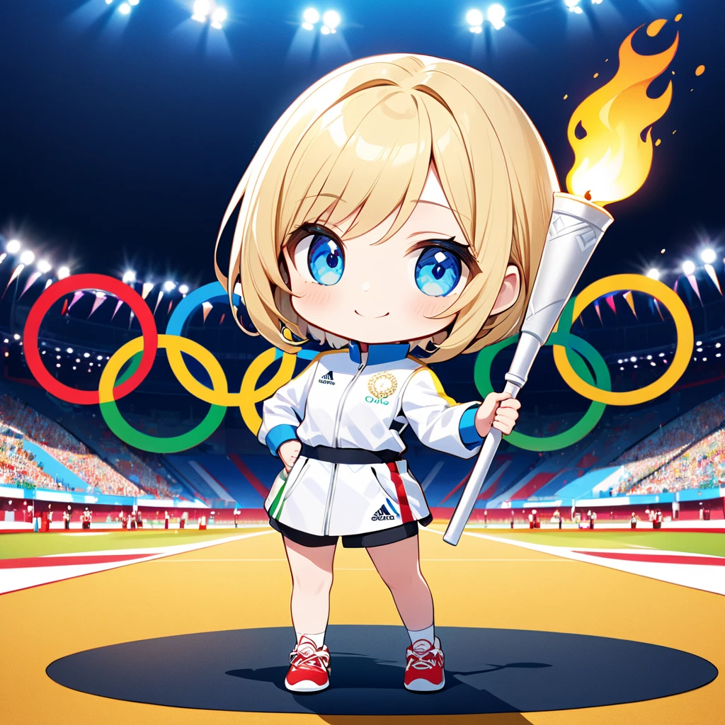 ultra-small deformation, Chibi Cute, 1girl, solo, full body, blonde short hair, blue eyes, smile, she stands in front of the Olympic rings wearing white Olympic torchbearer uniform, she holds a lit torch in her hand, High contrast and vivid color, background is the Olympic venue and large number of spectators, sports festival, the Olympic rings that are the five rings in five colors that are the Olympic symbol. The five colors are blue, yellow, black, green, and red. 
