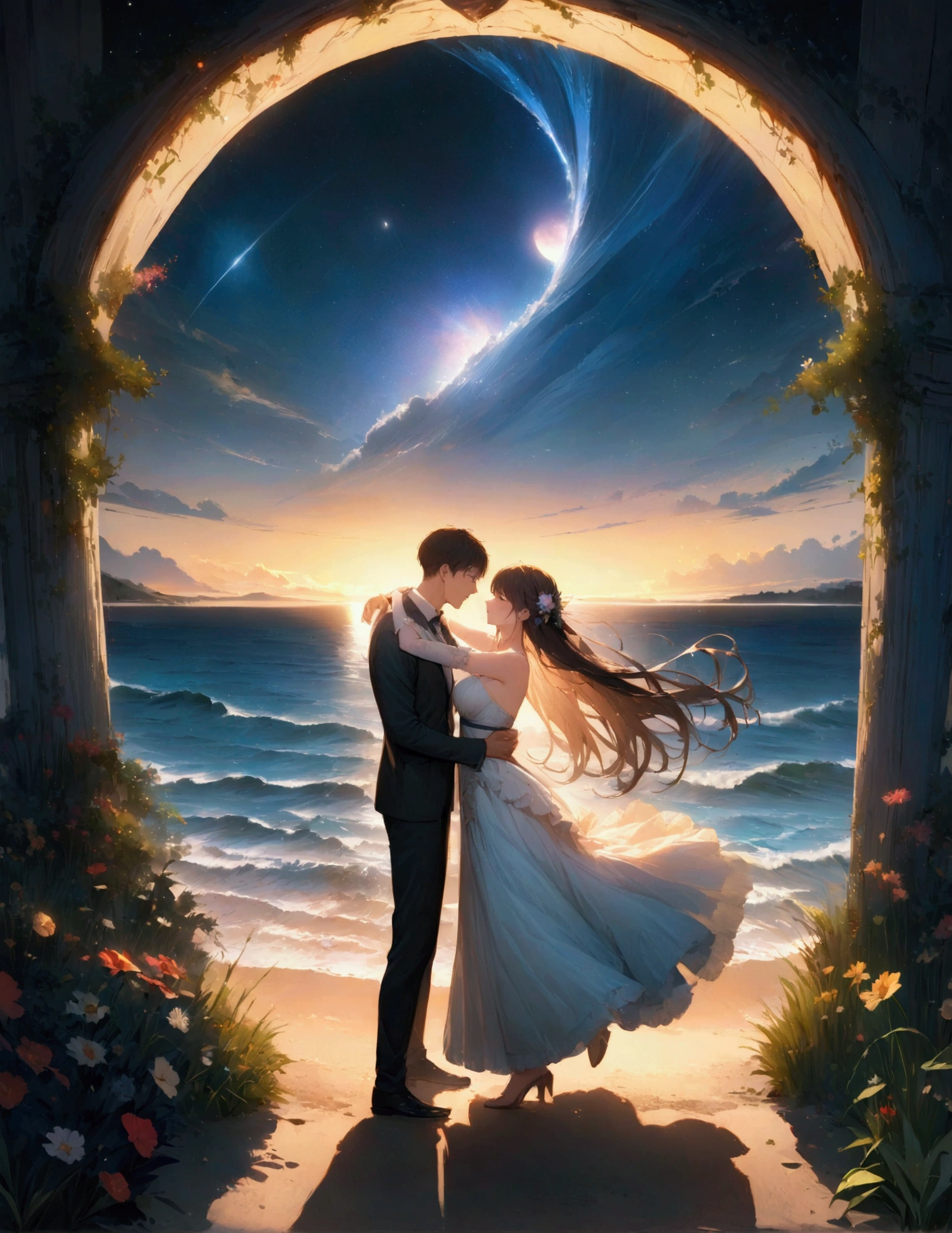 (masterpiece:1.3),(最high quality:1.4),(Very detailedな:1.5),High resolution,Very detailed,8k,artwork,High level of detail,rendering,high quality,Wide range of colors, The setting is a beach at night under the stars, One man and one woman dancing. The night is full of hope, And the moonlight illuminates the scene. Waves gently crash on the shore, Create a calm and magical atmosphere. " Narrative poem, Particle Effects, Dynamic Effects, Character border depth, Cinematic Light, Lens flare, Ray Tracing, Tabletop, Genuine , 超High resolution, Fantasy, Quiet and beautiful grassland, Vast land, Lakeside, Wonderful scenery, Beautiful natural scenery, Night Sky,
