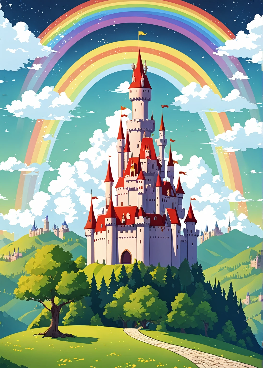 A cartoon castle，There is a rainbow in the sky and trees, Castle Background, Dream Castle, medieval Castle Background, Fairy tale style background, Medieval castle on background, Magic Castle school on a hill, Magic Castle, The castle is in the background, Castle on the hill, Feiyun Castle, dark pastel Castle Background, Beautiful castle, Flying Castle, An epic castle with towering spires，International chess，Kings and queens，Checkerboard，