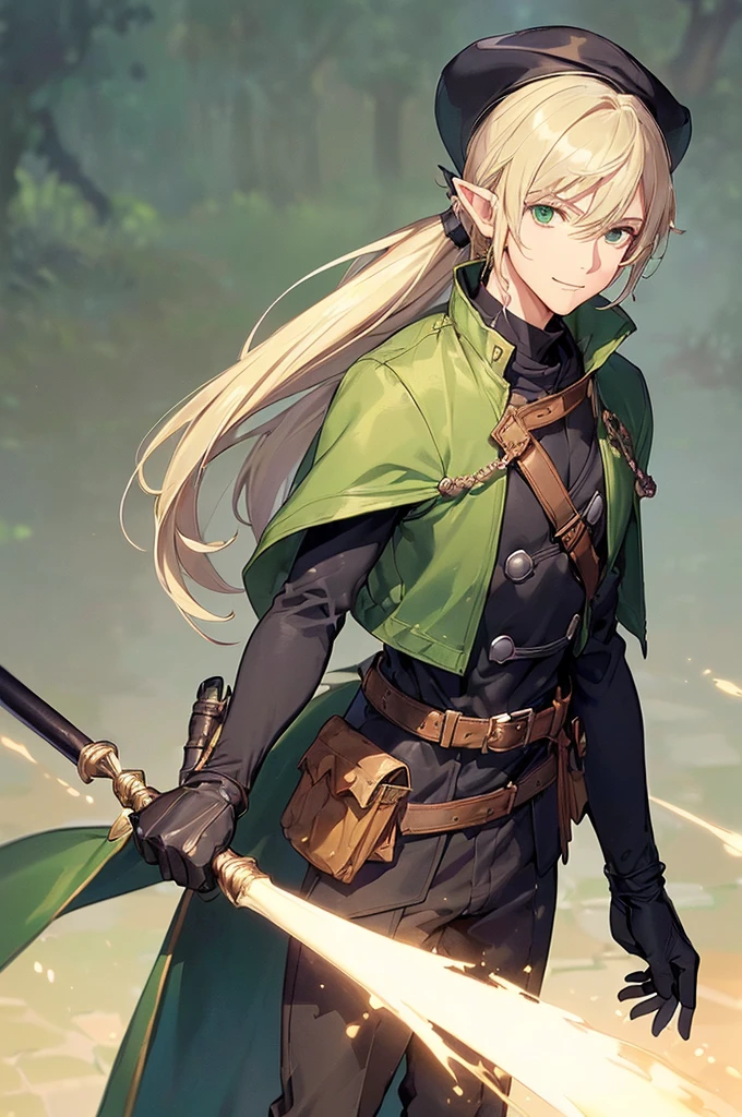 (((masterpiece; best quality: 1.2))), (finely detailed eyes: 1.3), (25 year old elf man), (solo), (green eyes: 1.4), (body; toned, fit, masculine: 1.3), (silky blonde hair in low ponytail: 1.3), (beautiful and clear background: 1.2), ((depth of field)), (equipment: adventurer garb + modest + elegant wide-brimmed hunter hat + dark overcoat + dark long cape + black pants + gloves + belt + pouches: 1.3), (anime illustration: 1.2), (background composition; royal garden: 1.1), (extremely fine and handsome: 1.1), (shot composition; standing + centered on torso + close-up: 1.5), (expression; calm, smile: 1.2)